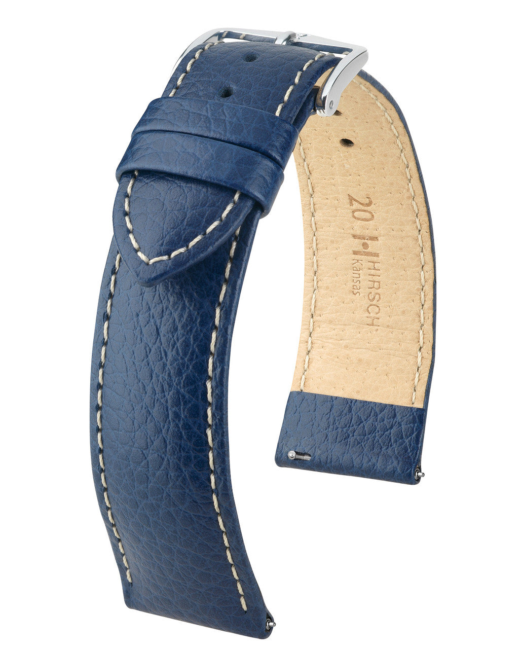Hirsch KANSAS Buffalo Grain Calfskin Watch Strap - Blue w/White
