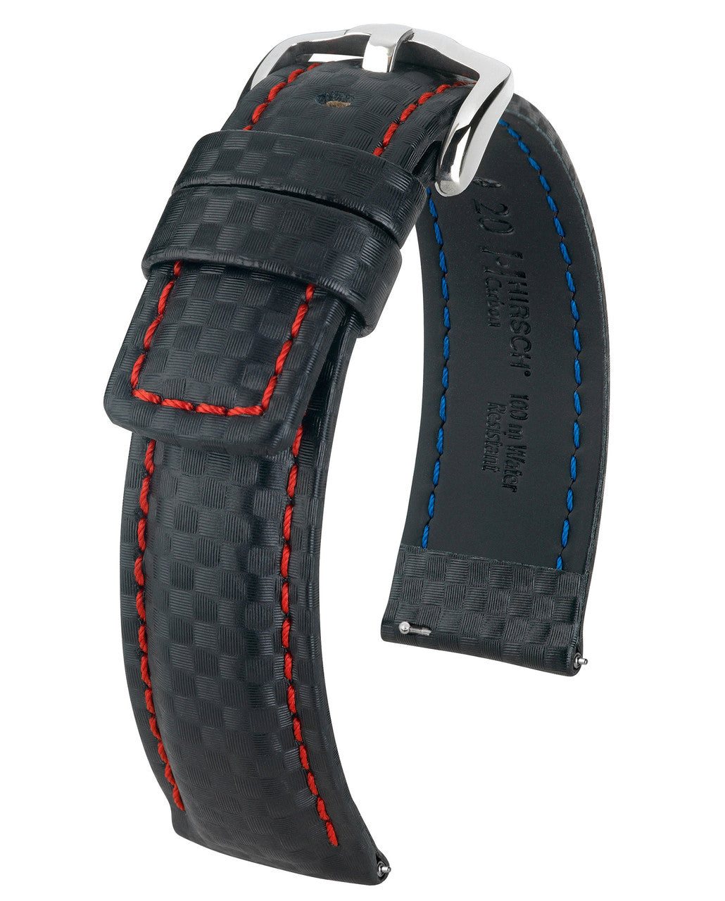 Hirsch CARBON Water Resistant Carbon Hi-tech Leather Watch Band - Black w/Red