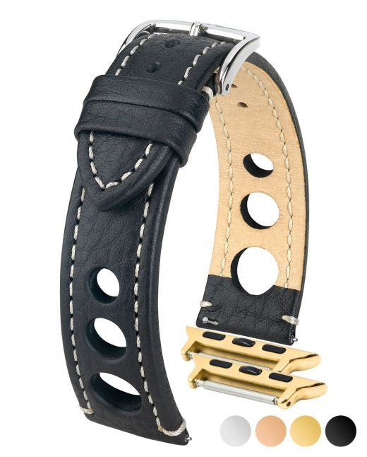 Hirsch - RALLY Buffalo Calfskin Sports Watchband 051 02 - Black w/White