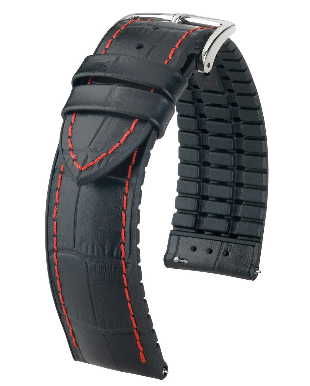 Hirsch GEORGE Performance Alligator Embossed Calfskin Watch Band 28 - Black w/Red