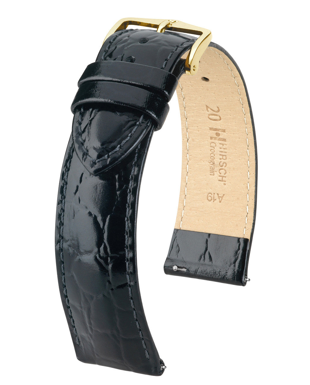 Hirsch CROCOGRAIN Crocodile Embossed Shiny Calfskin Watch Strap - Black