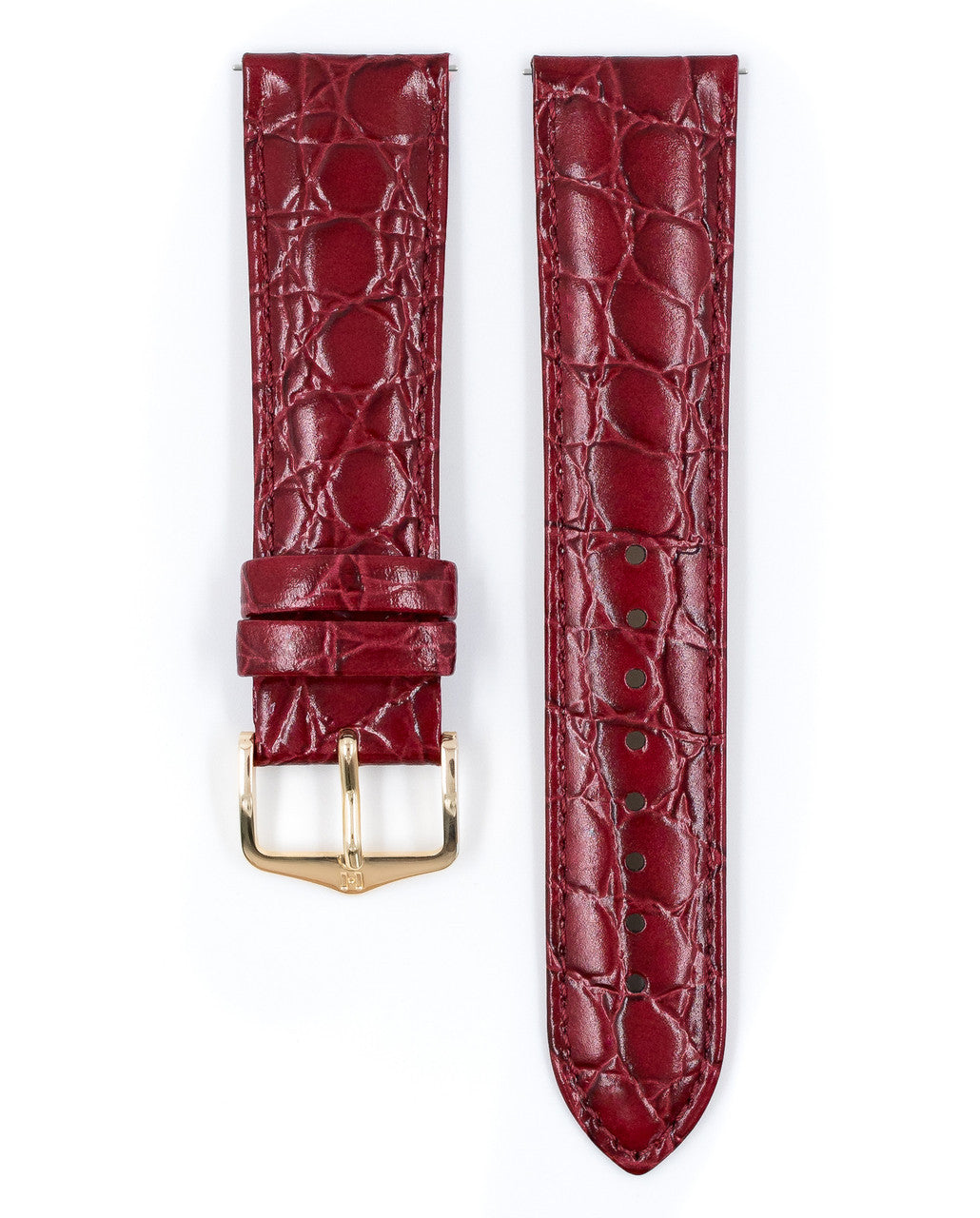 Hirsch - CROCOGRAIN Crocodile Embossed Shiny Calfskin Watch Strap 1230 28 NQ w/o Pins - Burgundy