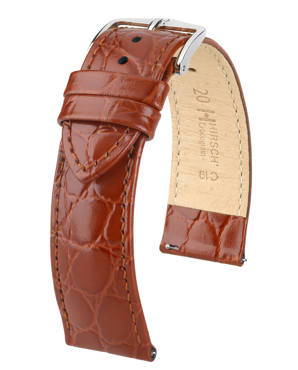 HIRSCH CROCOGRAIN Crocodile Embossed Shiny Calfskin Watch Strap 1232 28 - Gold Brown
