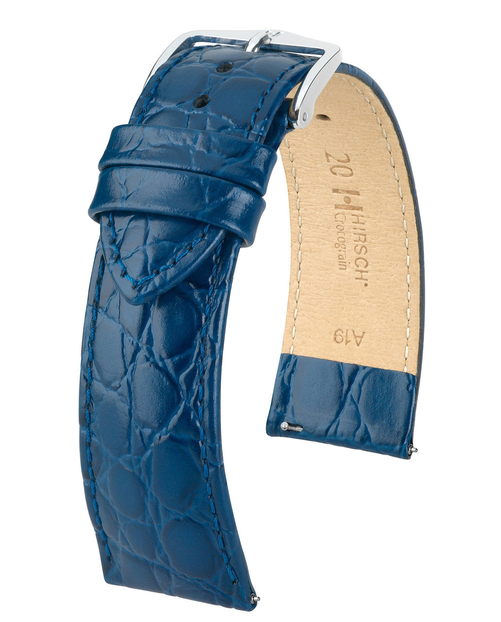 Hirsch CROCOGRAIN Crocodile Embossed Shiny Calfskin Watch Strap - Blue