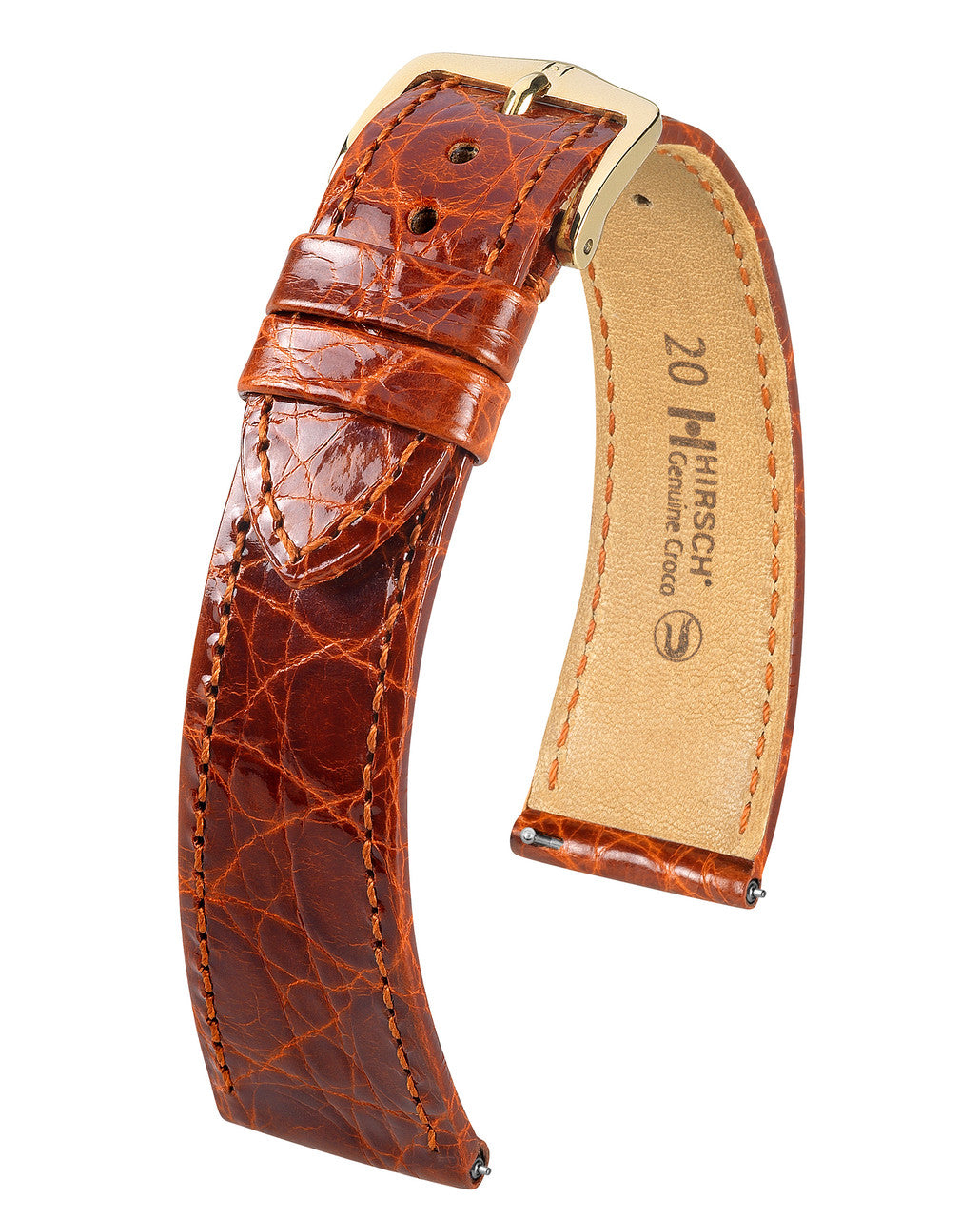 Hirsch GENUINE CROCO Shiny Watch Strap - Gold Brown