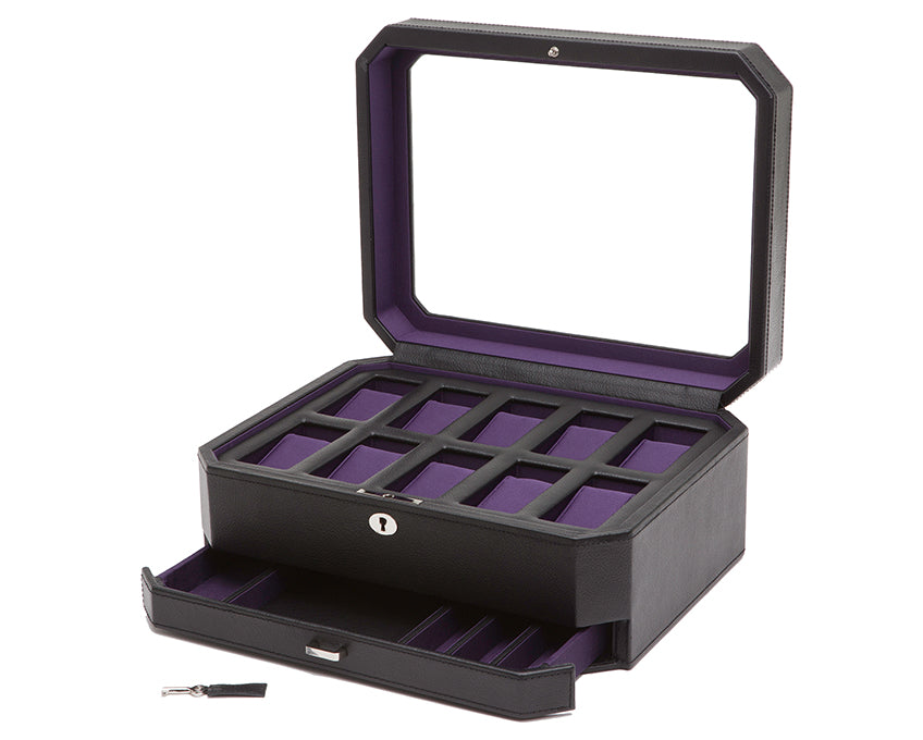 WOLF 1834 - Windsor 10 Piece Watch Box with Drawer - Black/Purple
