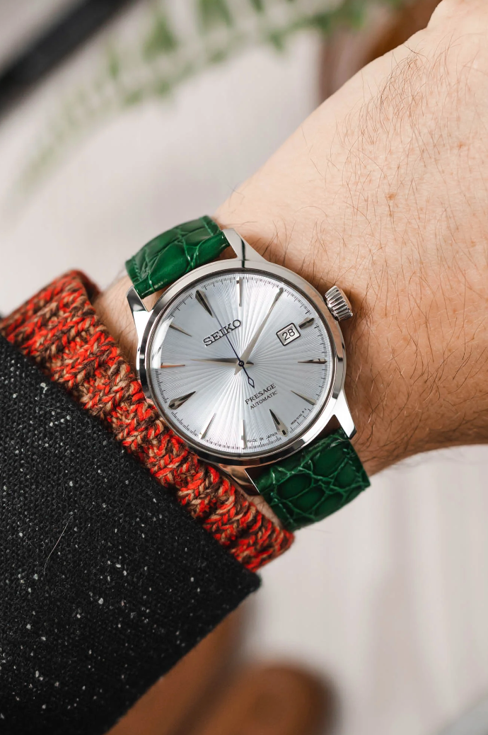 Hirsch - CROCOGRAIN Crocodile Embossed Shiny Calfskin Watch Strap 1230 28 NQ w/o Pins - Green