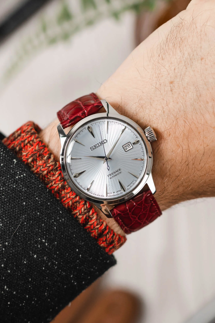 Hirsch - CROCOGRAIN Crocodile Embossed Shiny Calfskin Watch Strap 1230 28 NQ w/o Pins - Burgundy