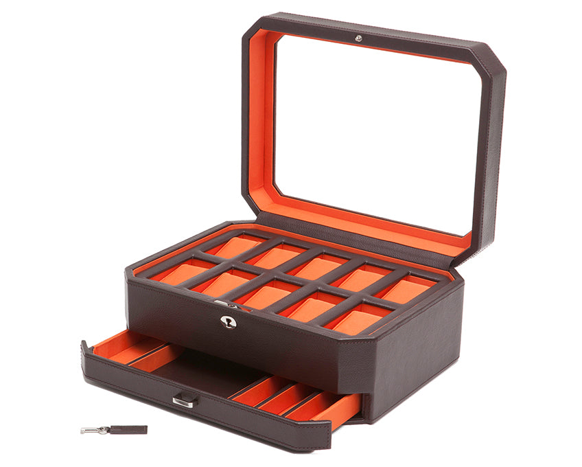 WOLF 1834 - Windsor 10 Piece Watch Box with Drawer - Brown/Orange