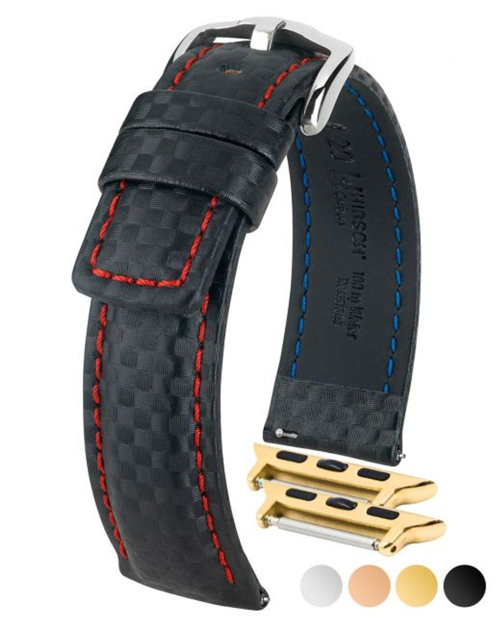 HIRSCH CARBON Water Resistant Carbon Hi-tech Leather Watch Band 025 92 - Black w/Red