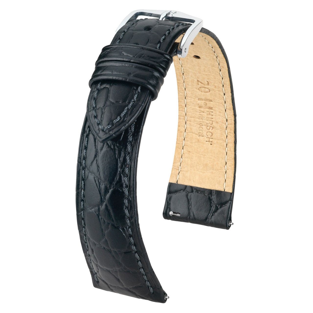 Black HIRSCH ARISTOCRAT Crocodile Flank Embossed Calfskin Watch Band 038 28