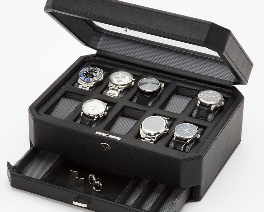 WOLF 1834 - Windsor 10 Piece Watch Box with Drawer - Black/Grey