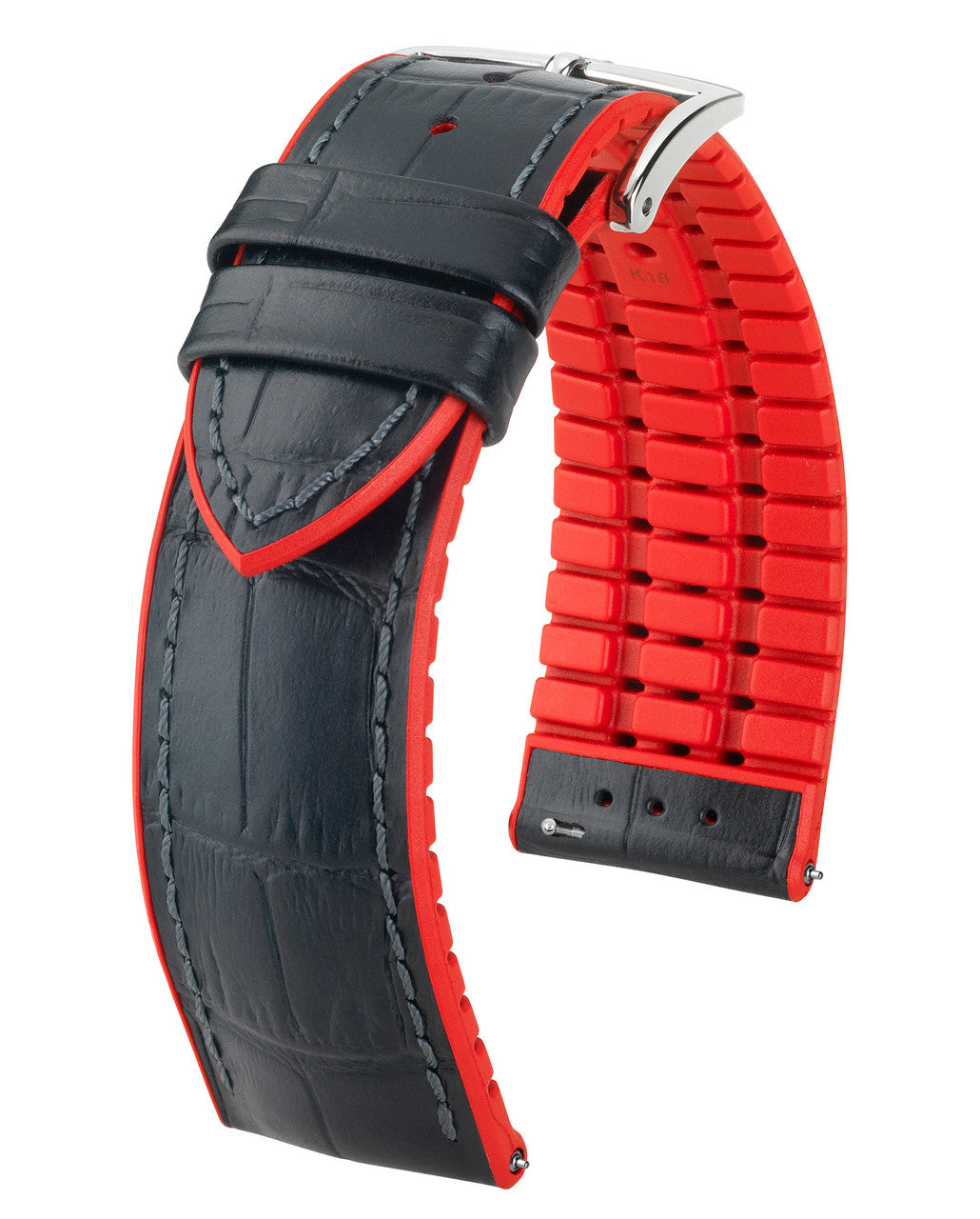 Hirsch ANDY Performance Alligator Embossed Calfskin Watch Band 28 - Black w/Red