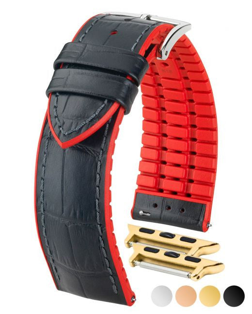 Hirsch ANDY Performance Alligator Embossed Calfskin Watch Band 28 - Black w/Red - view 10
