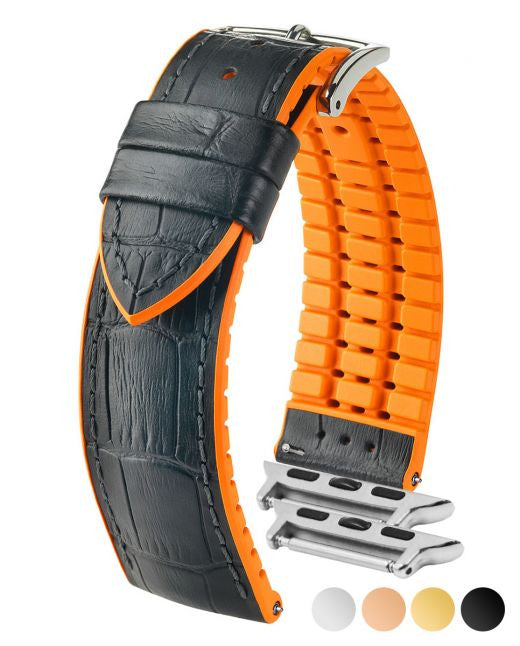 Hirsch ANDY Performance Alligator Embossed Calfskin Watch Band 28 - Black w/Orange - view 2