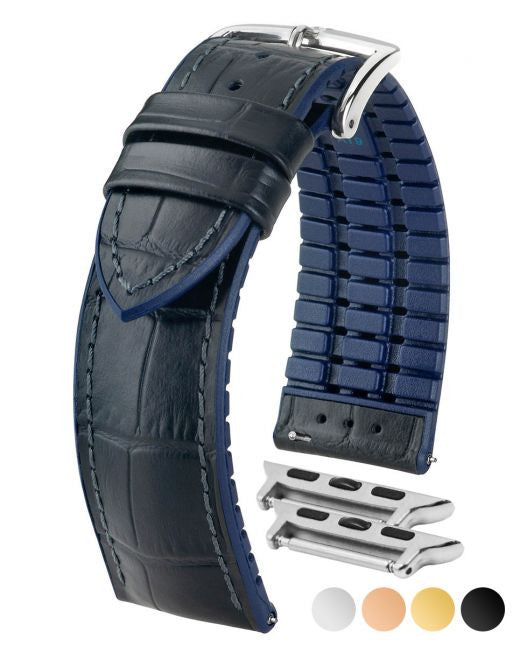Hirsch ANDY Performance Alligator Embossed Calfskin Watch Band 28 - Black w/Blue - view 2