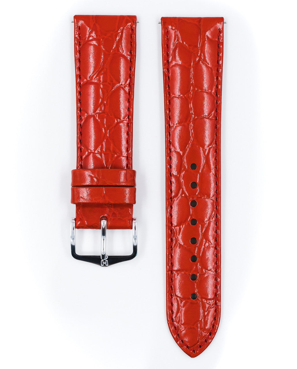 Hirsch CROCOGRAIN Crocodile Embossed Shiny Calfskin Watch Strap w/o Pins - Red