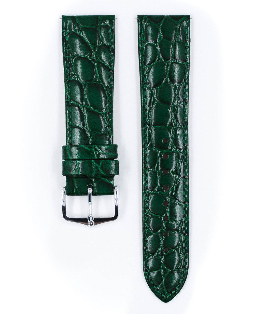 Hirsch - CROCOGRAIN Crocodile Embossed Shiny Calfskin Watch Strap 1230 28 NQ w/o Pins - Green