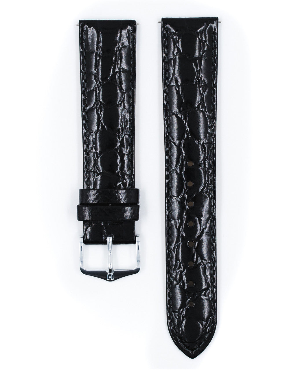 Hirsch - CROCOGRAIN Crocodile Embossed Shiny Calfskin Watch Strap 1230 28 NQ w/o Pins - Black