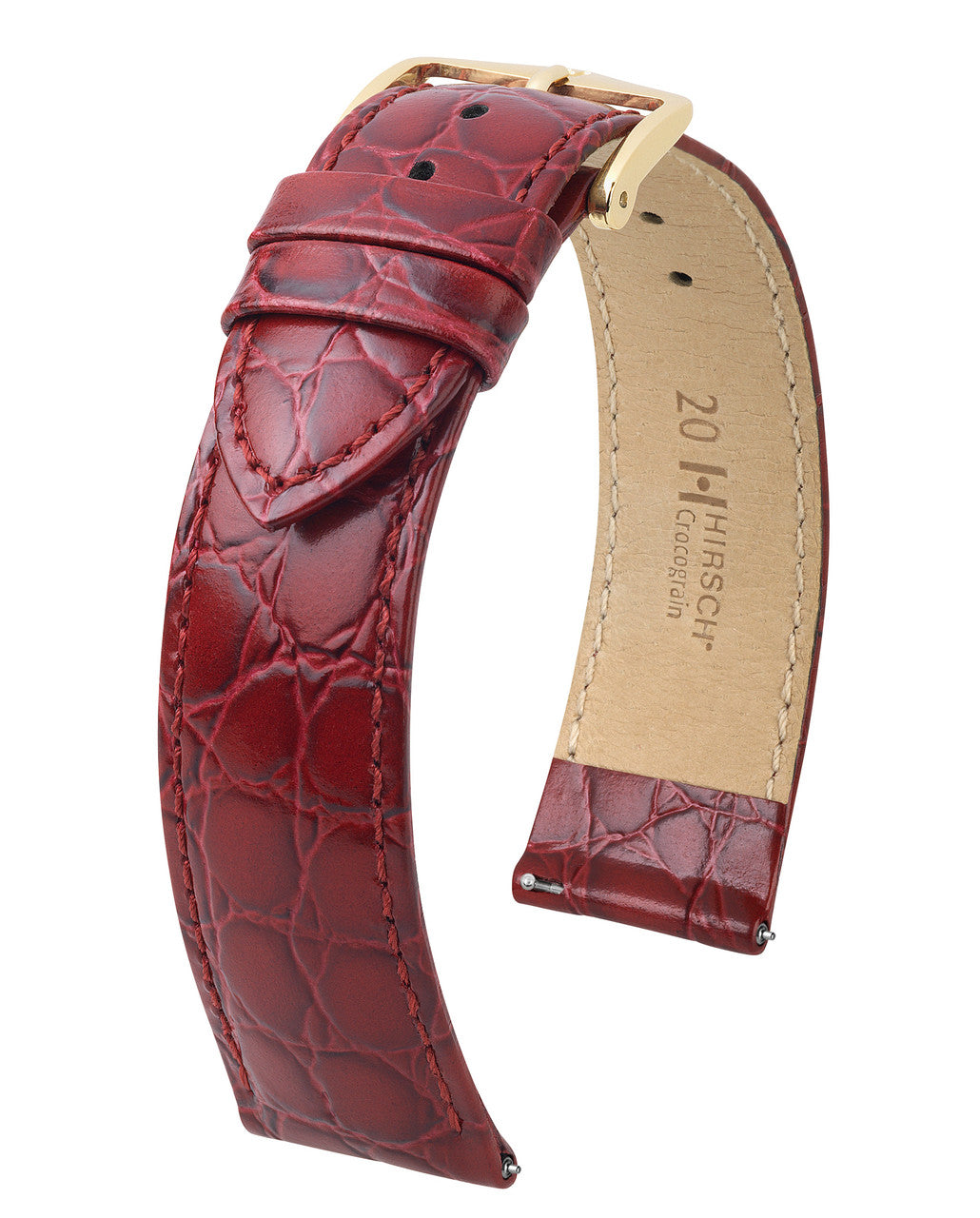 HIRSCH CROCOGRAIN Crocodile Embossed Shiny Calfskin Watch Strap 1230 28 - Burgundy