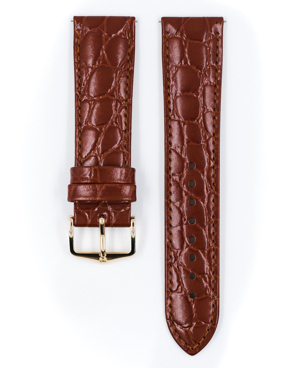 Hirsch CROCOGRAIN Crocodile Embossed Shiny Calfskin Watch Strap w/o Pins - Gold Brown