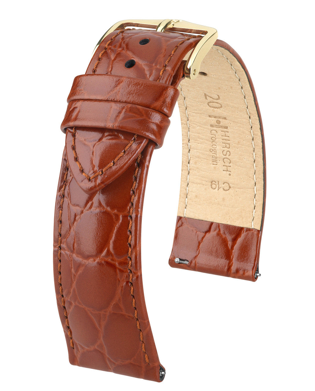 HIRSCH CROCOGRAIN Crocodile Embossed Shiny Calfskin Watch Strap 1230 28 - Gold Brown