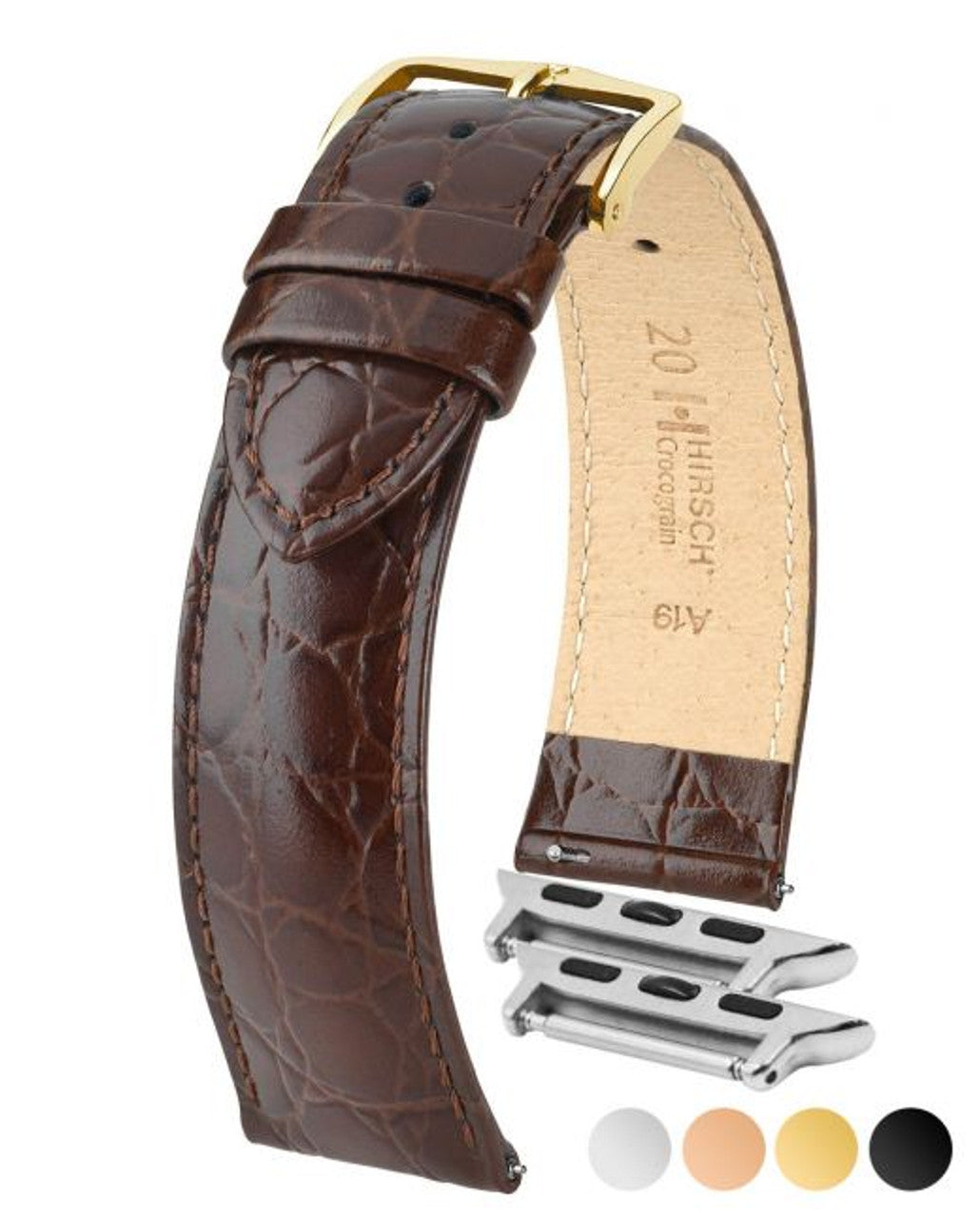 HIRSCH CROCOGRAIN Crocodile Embossed Shiny Calfskin Watch Strap 1232 28 - Brown