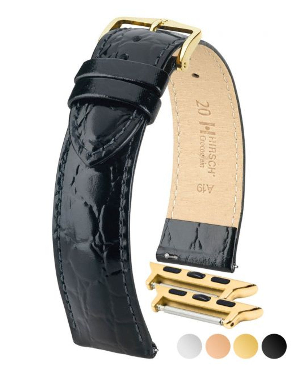 HIRSCH CROCOGRAIN Crocodile Embossed Shiny Calfskin Watch Strap 1232 28 - Black