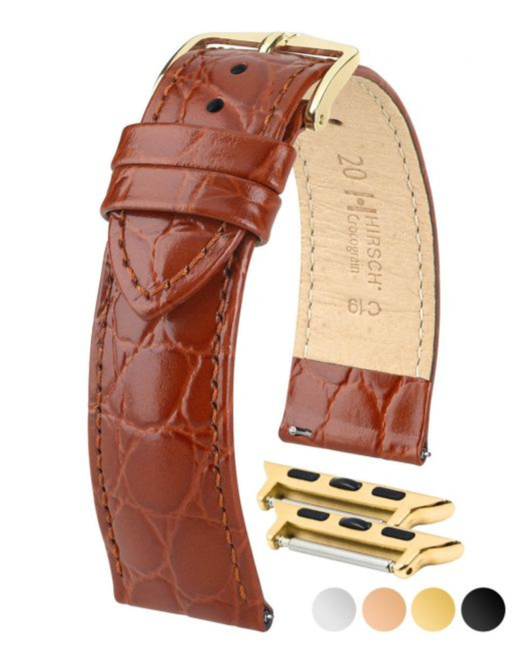 HIRSCH CROCOGRAIN Crocodile Embossed Shiny Calfskin Watch Strap 1232 28 - Gold Brown