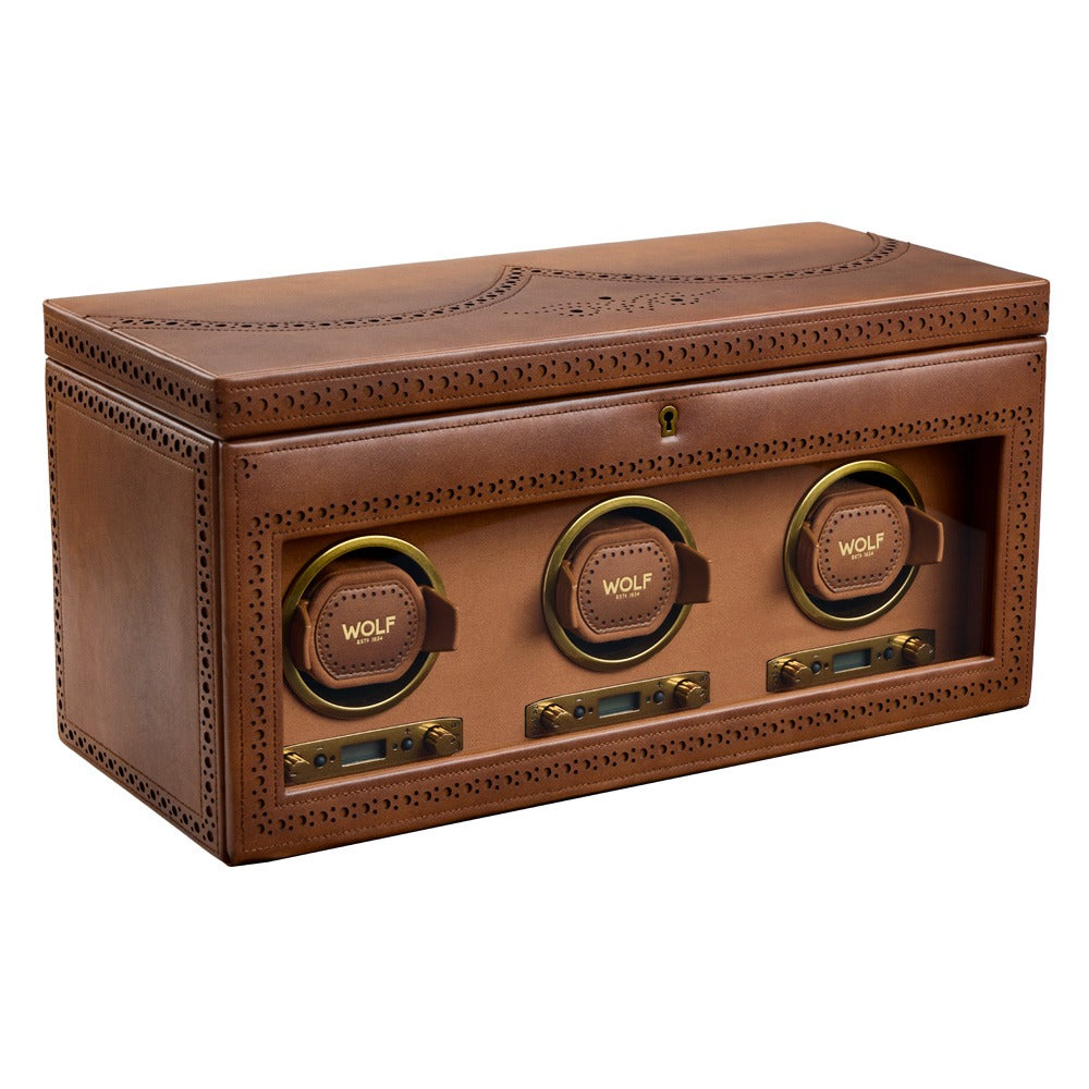 WOLF 1834 Brogue Triple Winder with Storage - Burnished Brown
