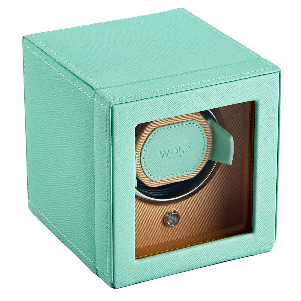 WOLF 1834 Cub Seltzer Single Watch Winder with Cover - Mint/Peach