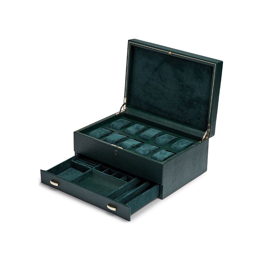 WOLF - British Racing 10 Piece Watch Box With Storage, Green