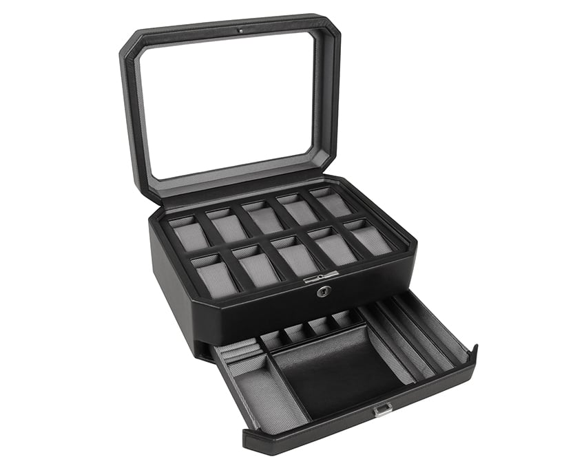 WOLF 1834 - Windsor 10 Piece Watch Box with Drawer - Black/Grey