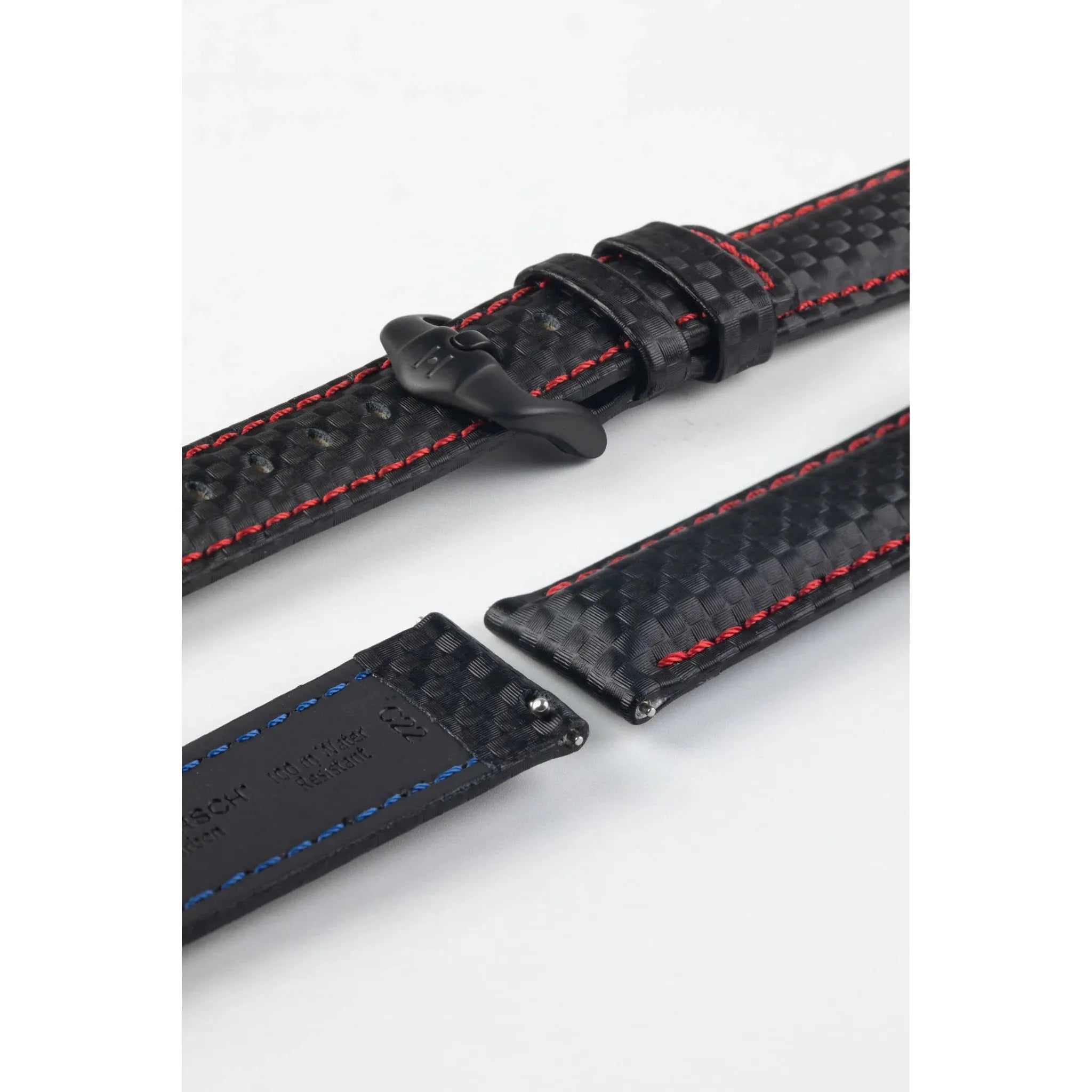 Black &amp; Red HIRSCH CARBON Water Resistant Carbon Hi-tech Leather Watch Band 025 92