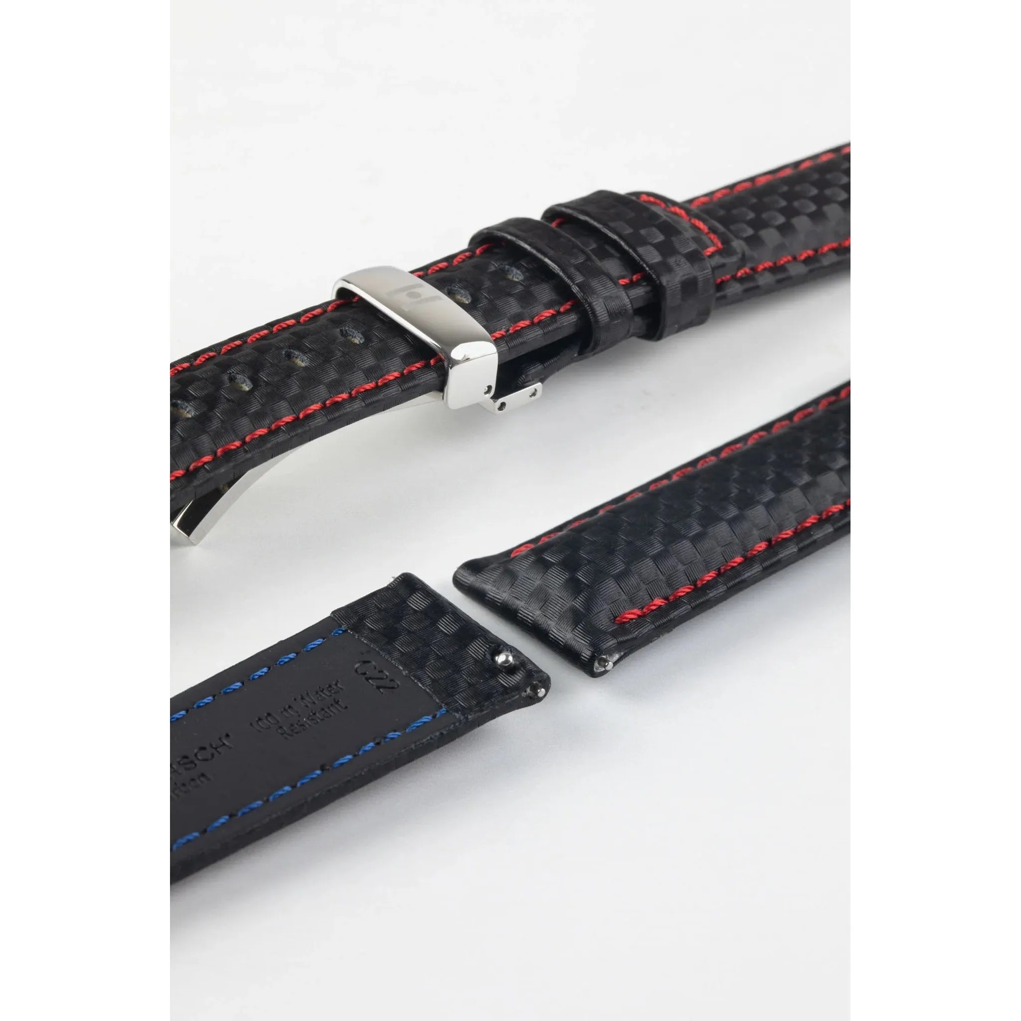 Black &amp; Red HIRSCH CARBON Water Resistant Carbon Hi-tech Leather Watch Band 025 92