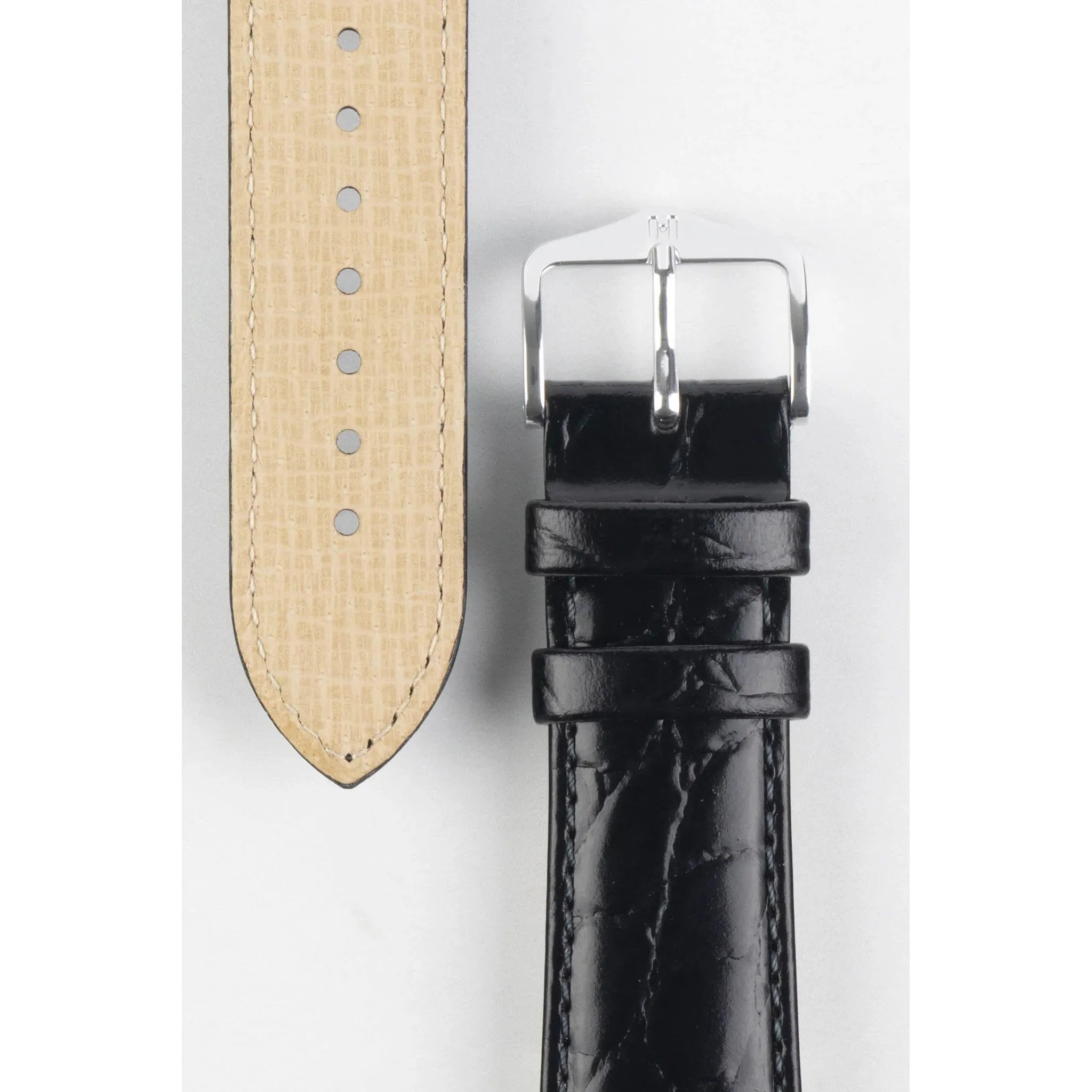 Black Ladies HIRSCH CROCOGRAIN Crocodile Embossed Shiny Calfskin Watch Strap 1230 28