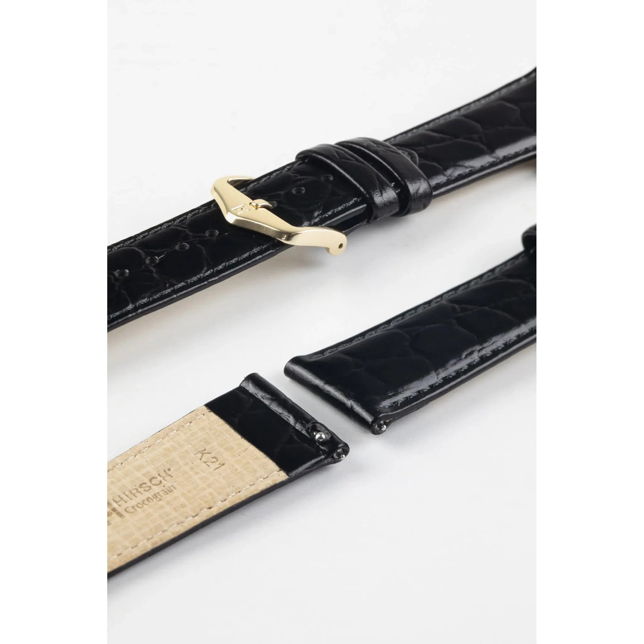 Black Ladies HIRSCH CROCOGRAIN Crocodile Embossed Shiny Calfskin Watch Strap 1230 28