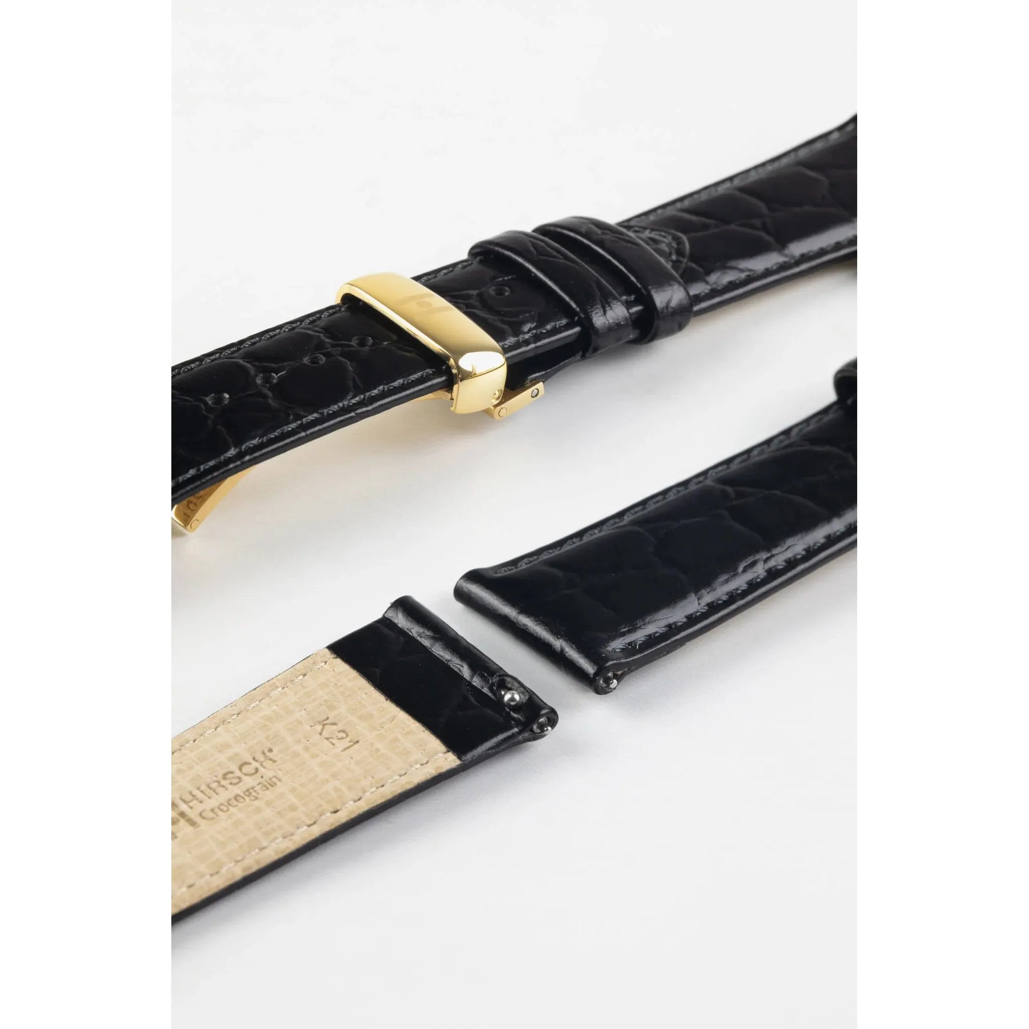 Black Ladies HIRSCH CROCOGRAIN Crocodile Embossed Shiny Calfskin Watch Strap 1230 28