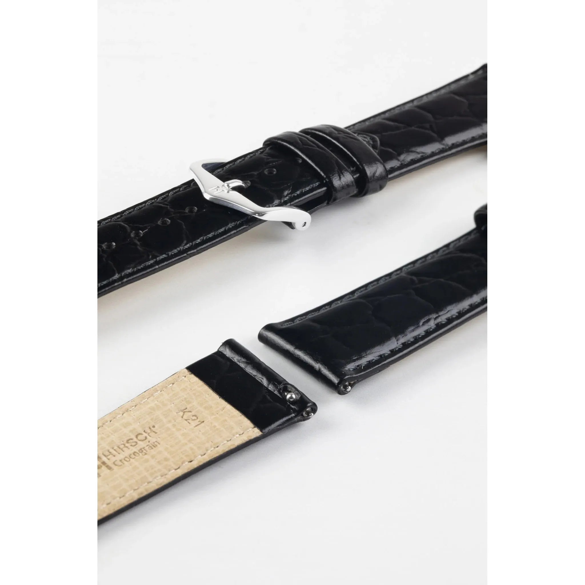 Black Ladies HIRSCH CROCOGRAIN Crocodile Embossed Shiny Calfskin Watch Strap 1230 28