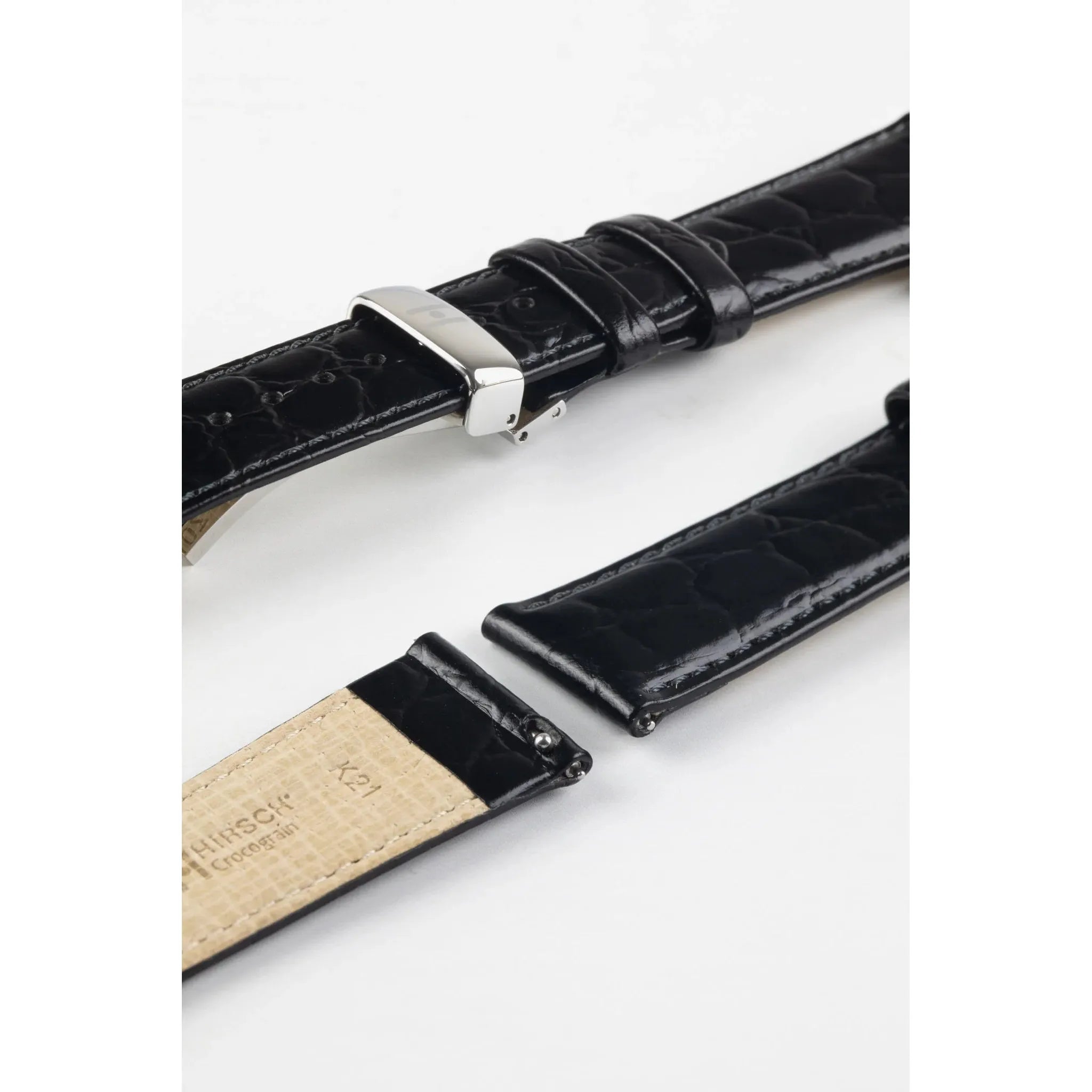 Black Ladies HIRSCH CROCOGRAIN Crocodile Embossed Shiny Calfskin Watch Strap 1230 28