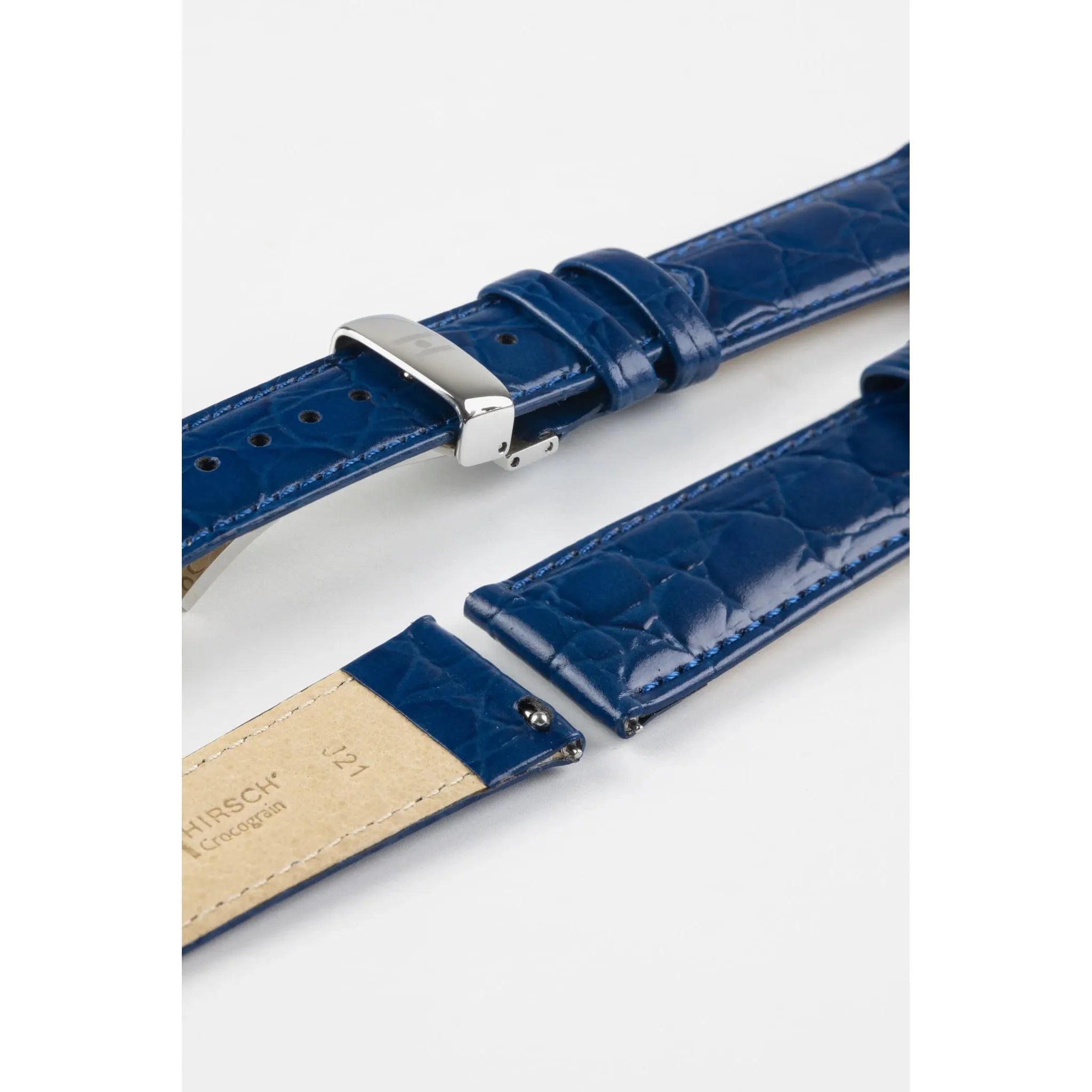 Blue Ladies HIRSCH CROCOGRAIN Crocodile Embossed Shiny Calfskin Watch Strap 1230 28