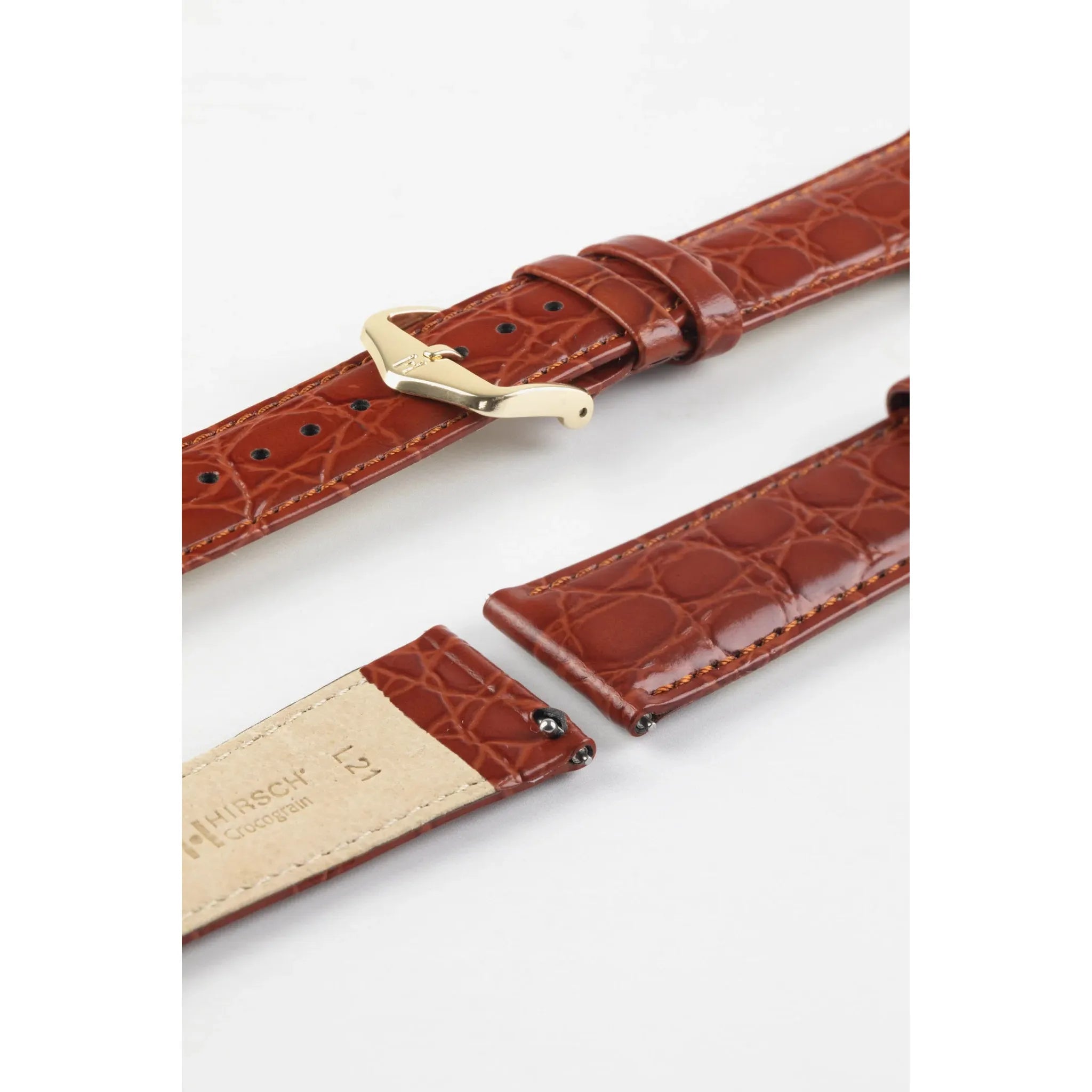 Gold Brown Ladies HIRSCH CROCOGRAIN Crocodile Embossed Shiny Calfskin Watch Strap 1230 28