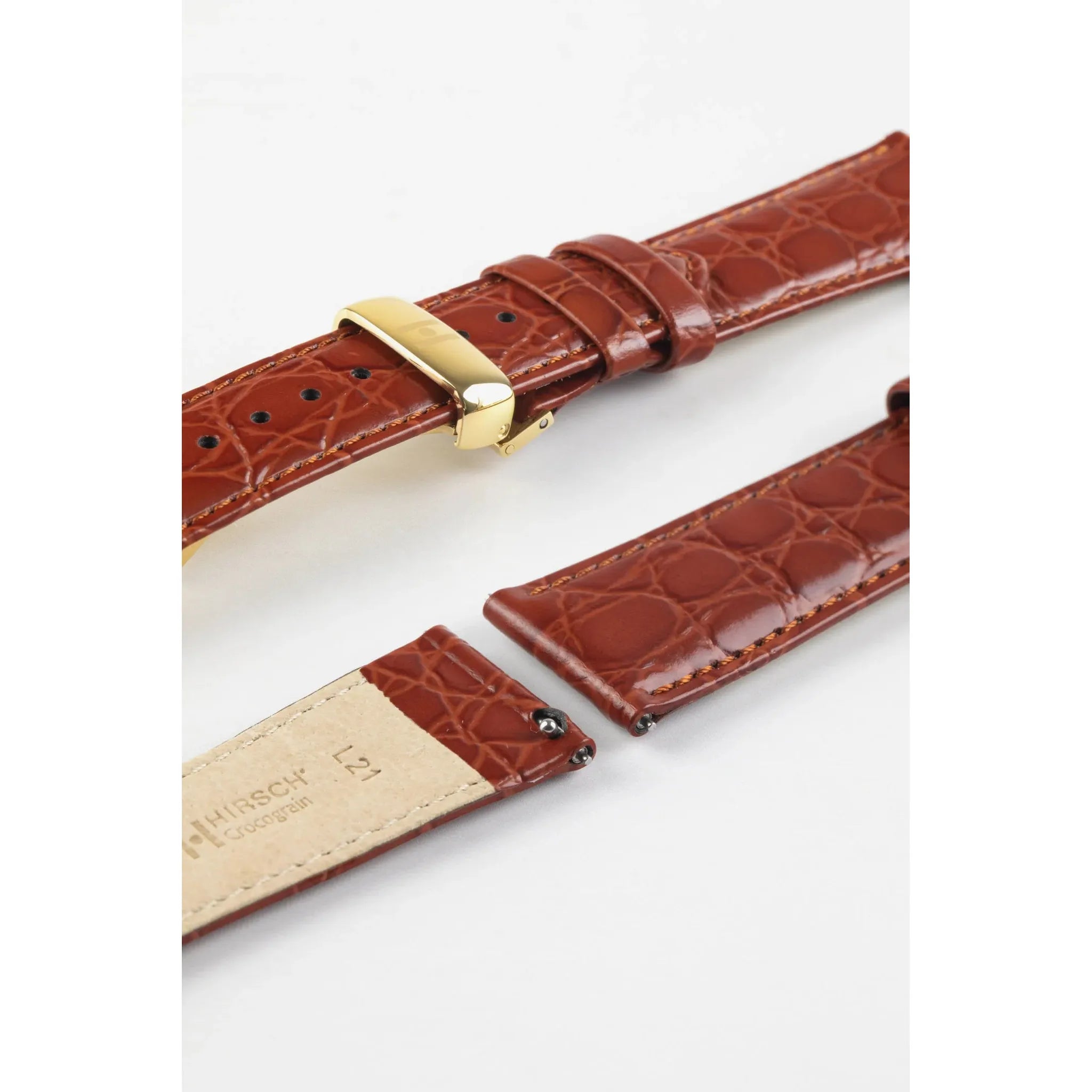 Gold Brown Ladies HIRSCH CROCOGRAIN Crocodile Embossed Shiny Calfskin Watch Strap 1230 28