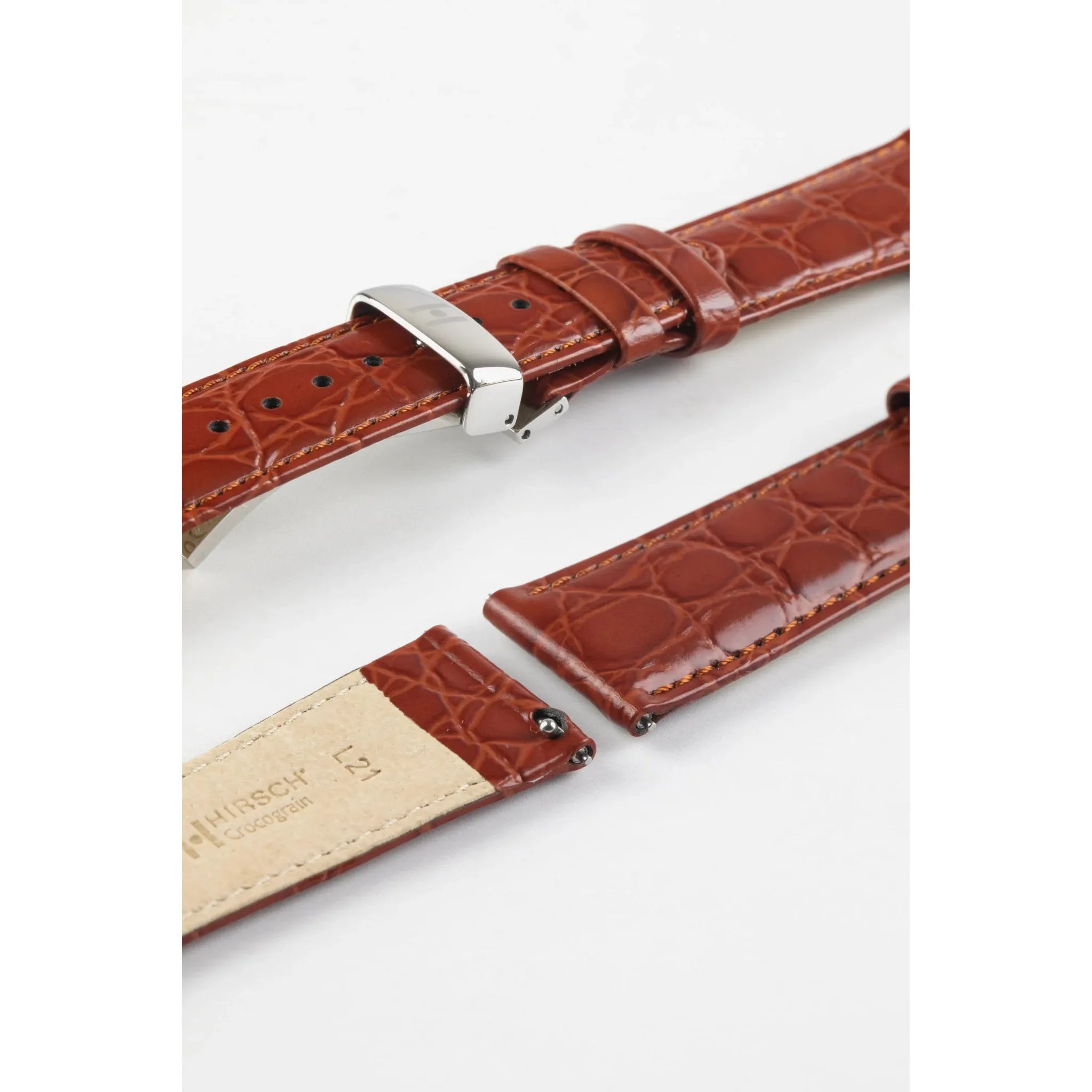 Gold Brown Ladies HIRSCH CROCOGRAIN Crocodile Embossed Shiny Calfskin Watch Strap 1230 28