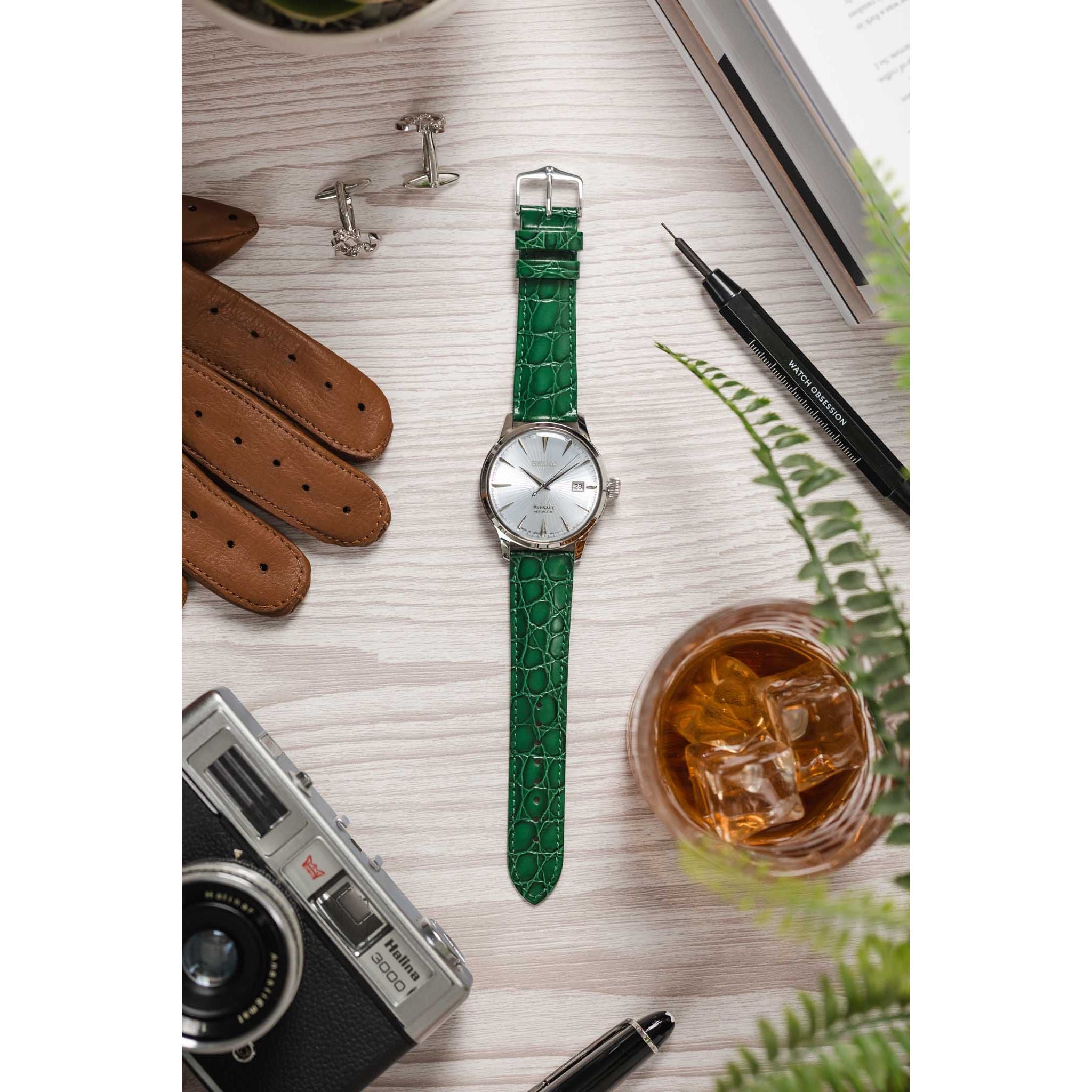 Green Ladies HIRSCH CROCOGRAIN Crocodile Embossed Shiny Calfskin Watch Strap 1230 28