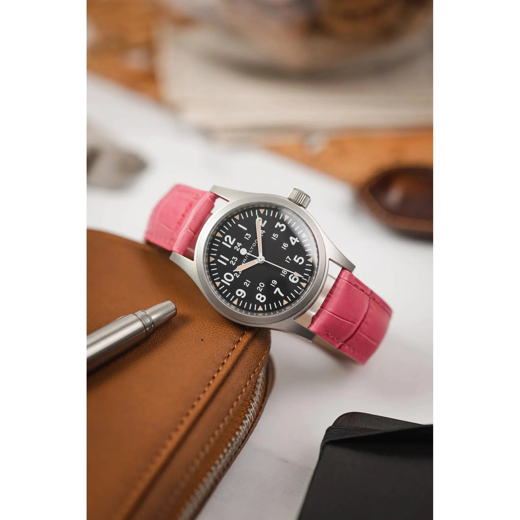 Pink HIRSCH DUKE Alligator Embossed Calfskin Watch Strap 010 28