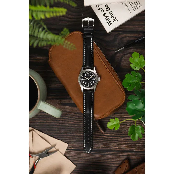 Black HIRSCH HEAVY CALF Water &amp; Scratch Resistant Calfskin Watch Band 014 75