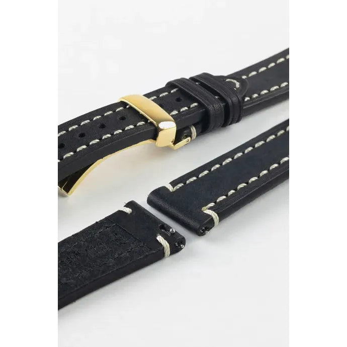 Black Long HIRSCH LIBERTY Saddle Leather Watch Band 1092 02