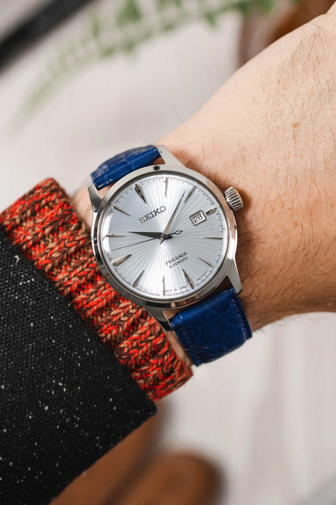 Hirsch CROCOGRAIN Crocodile Embossed Shiny Calfskin Watch Strap w/o Pins - Blue