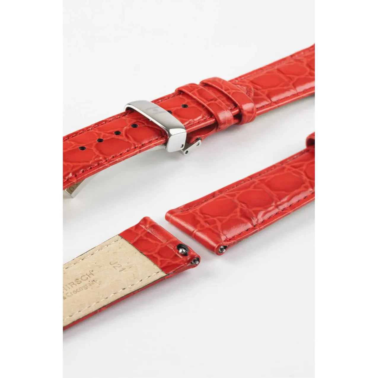 Red Ladies HIRSCH CROCOGRAIN Crocodile Embossed Shiny Calfskin Watch Strap 1230 28